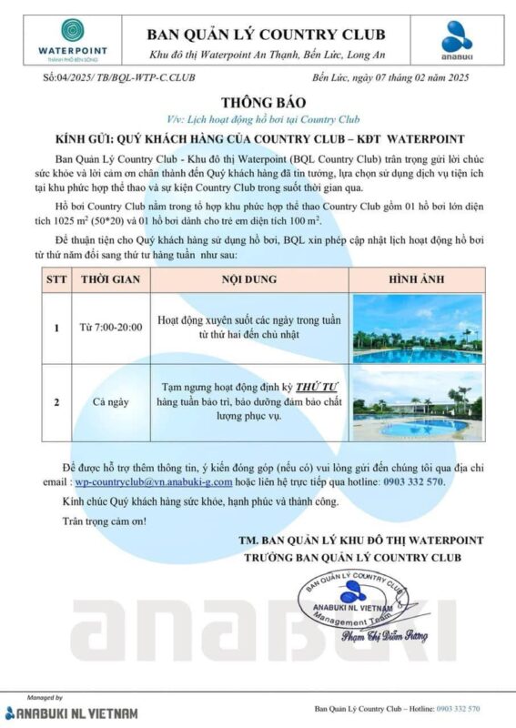 lich hoat dong ho boi country club waterpoint